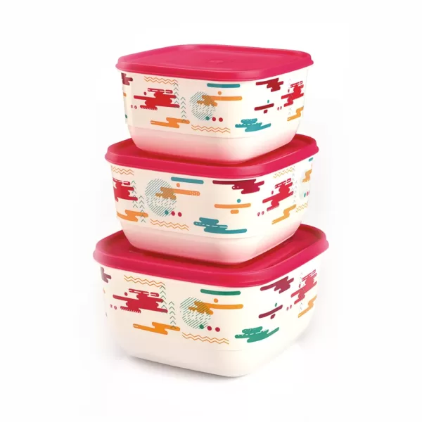 UCSAN PLASTIC Trendy Square Colored Food Saver With Iml Design 3 Pcs Set (1,9 L + 2,6 L + 3,6 L )